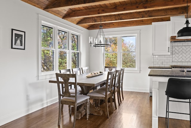 dining area with wooden ceiling, baseboards, lofted ceiling with beams, and dark wood-style flooring