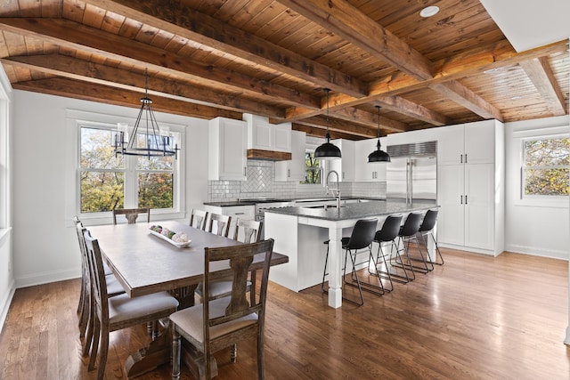 dining space featuring wooden ceiling, wood finished floors, and beam ceiling