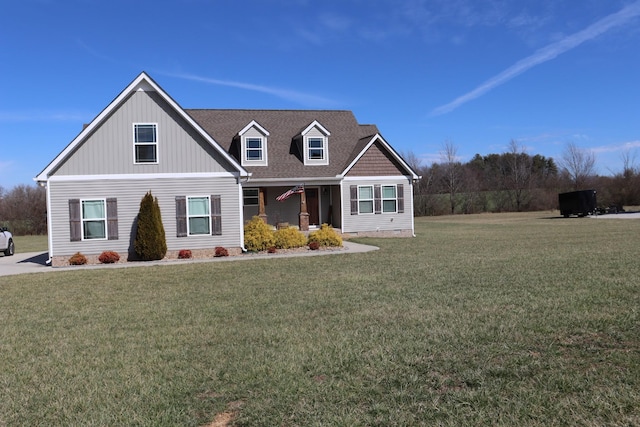 view of front of home with a front yard, crawl space, and covered porch