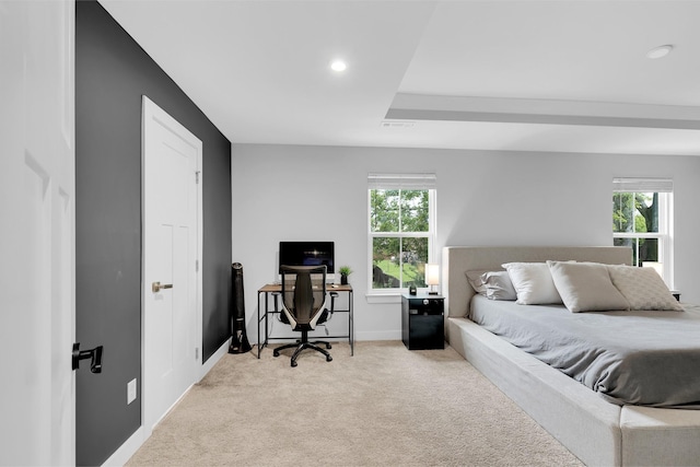 bedroom featuring light carpet, recessed lighting, visible vents, and baseboards