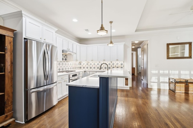 kitchen with under cabinet range hood, stainless steel appliances, a sink, white cabinets, and light countertops