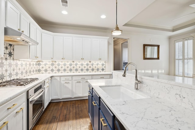 kitchen featuring blue cabinetry, stainless steel appliances, visible vents, a sink, and under cabinet range hood