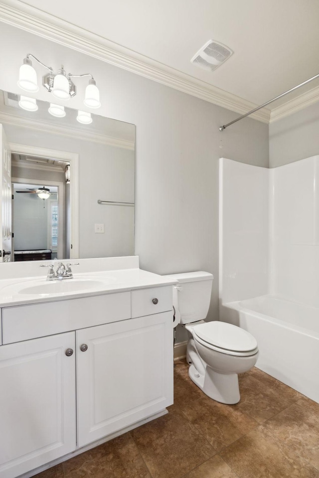 full bathroom with toilet, vanity, visible vents,  shower combination, and crown molding