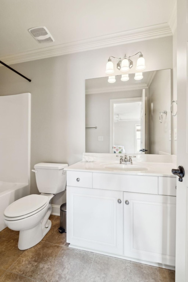 bathroom with visible vents, toilet,  shower combination, crown molding, and vanity