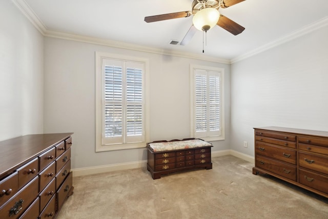 bedroom with visible vents, light carpet, and multiple windows