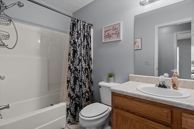 bathroom featuring vanity, toilet, and shower / bathtub combination with curtain