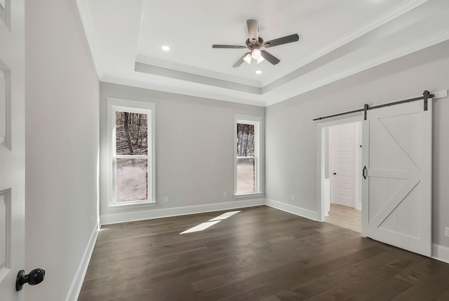 unfurnished room with a wealth of natural light, a tray ceiling, dark wood-style flooring, and a barn door