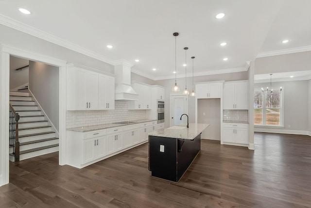 kitchen with premium range hood, dark wood-type flooring, black electric cooktop, and white cabinetry