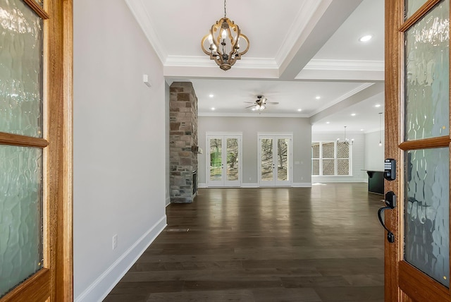 foyer with recessed lighting, ceiling fan with notable chandelier, dark wood-type flooring, baseboards, and ornamental molding