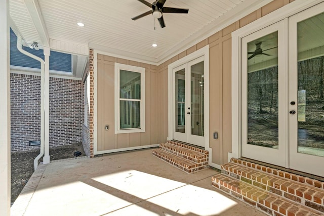 exterior space featuring entry steps, ceiling fan, and french doors