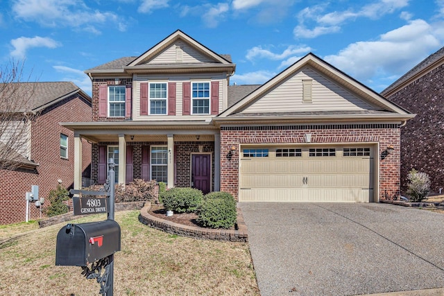 view of front of home featuring a porch, concrete driveway, brick siding, and an attached garage