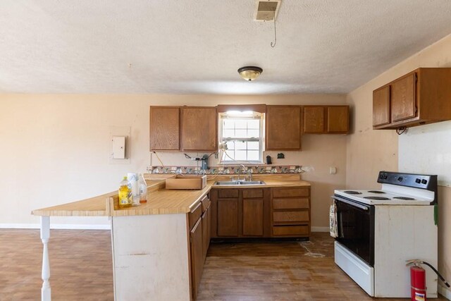 224 Golden Ln, Celina, TN 38551 - kitchen with white range with electric stovetop, light countertops, brown cabinetry, dark wood-type flooring, and a sink