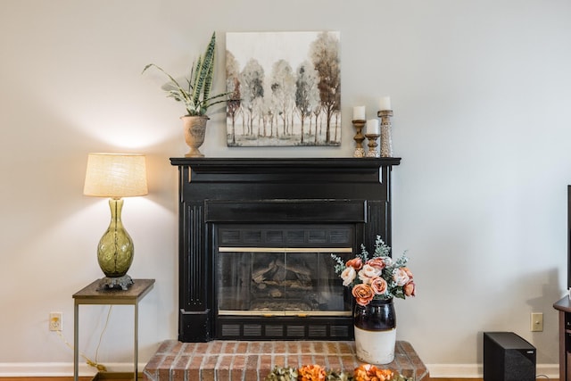 details with a glass covered fireplace and baseboards