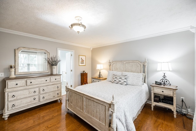 bedroom with a textured ceiling, ornamental molding, and dark wood-type flooring