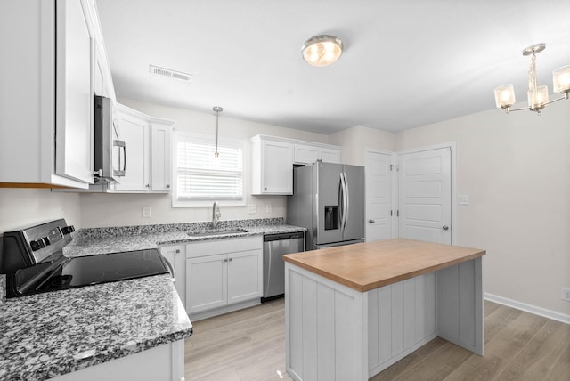 kitchen with a sink, a kitchen island, visible vents, white cabinets, and appliances with stainless steel finishes