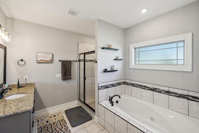 full bath with a whirlpool tub, vanity, a shower stall, and visible vents