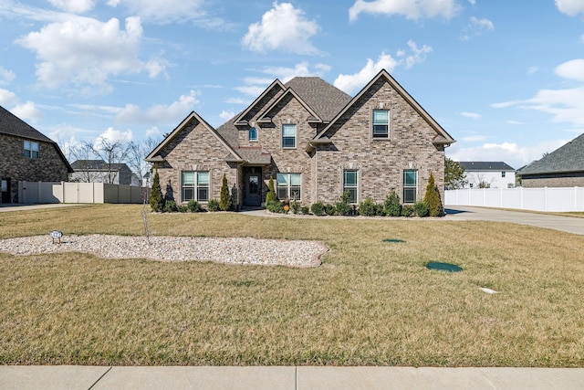 craftsman-style house featuring a front yard, brick siding, and fence