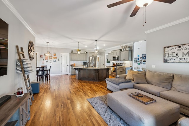 living area featuring a ceiling fan, baseboards, crown molding, and light wood finished floors