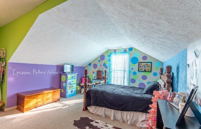 carpeted bedroom featuring vaulted ceiling and a textured ceiling