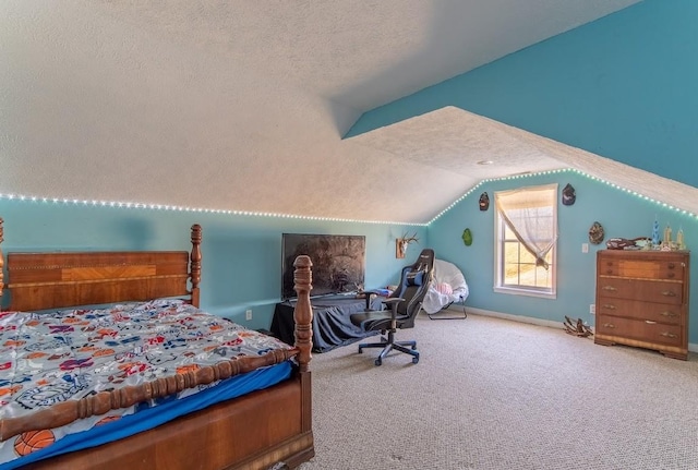 bedroom with carpet flooring, vaulted ceiling, a textured ceiling, and baseboards