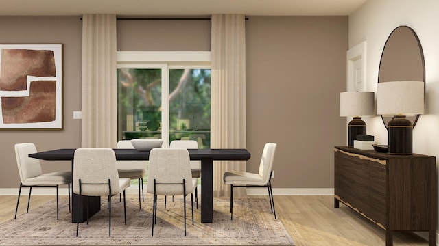 dining room featuring light wood finished floors and baseboards