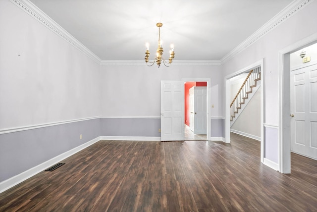 interior space featuring dark wood-style floors, visible vents, stairway, and baseboards