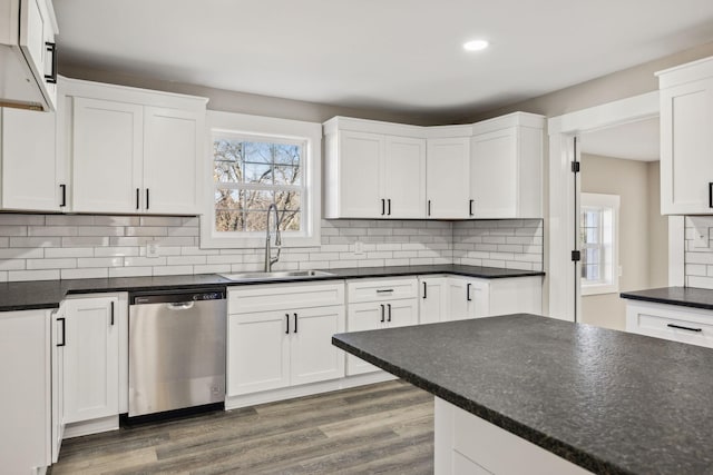 kitchen featuring a sink, white cabinetry, dark wood-type flooring, and stainless steel dishwasher