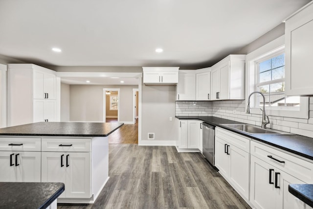 kitchen with dark countertops, white cabinets, a sink, and stainless steel dishwasher