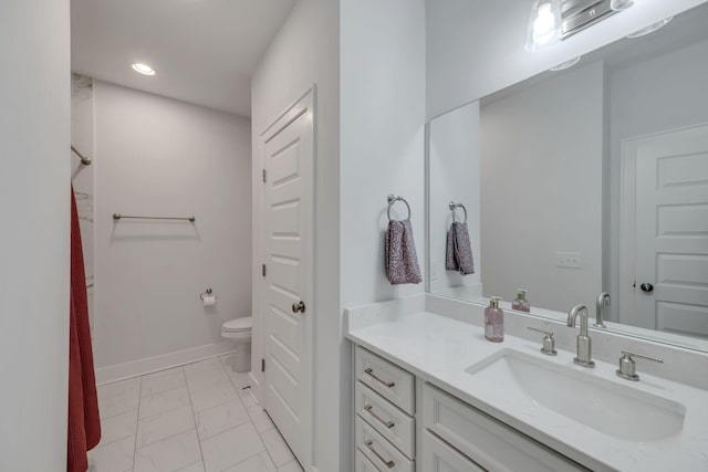 full bathroom featuring toilet, recessed lighting, vanity, baseboards, and marble finish floor