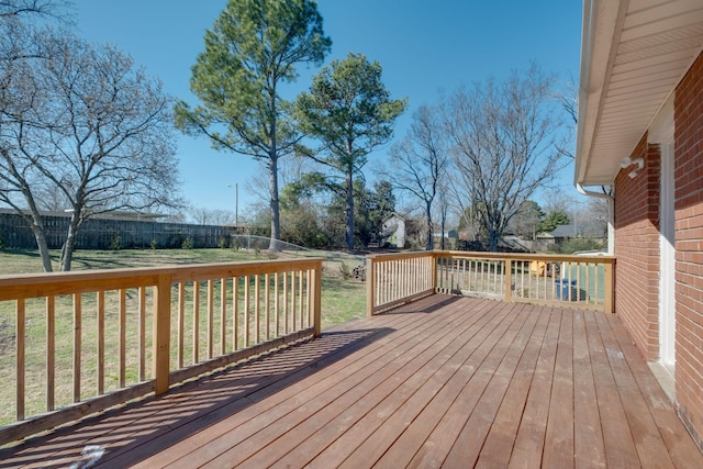 deck with a yard and a fenced backyard