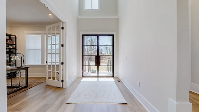 doorway with french doors, a healthy amount of sunlight, and wood finished floors