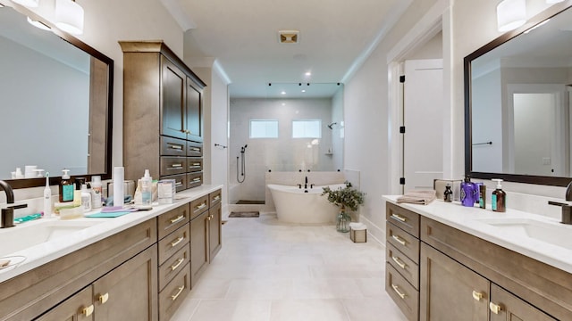 bathroom featuring a sink, two vanities, a soaking tub, and a shower stall