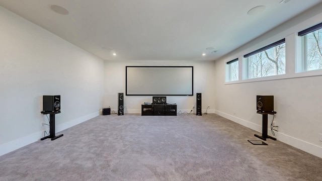 cinema featuring baseboards, carpet flooring, and recessed lighting