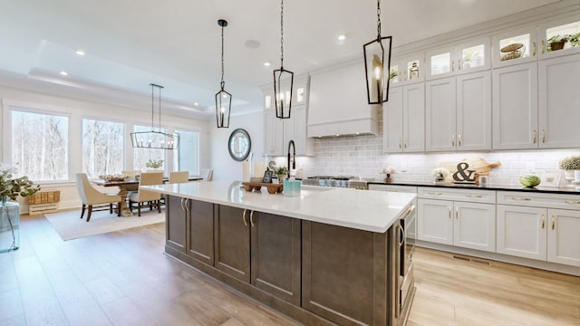 kitchen with light wood-style flooring, custom exhaust hood, decorative backsplash, and a tray ceiling