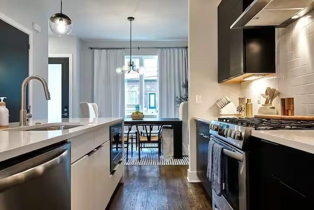 kitchen featuring a sink, light countertops, appliances with stainless steel finishes, ventilation hood, and pendant lighting