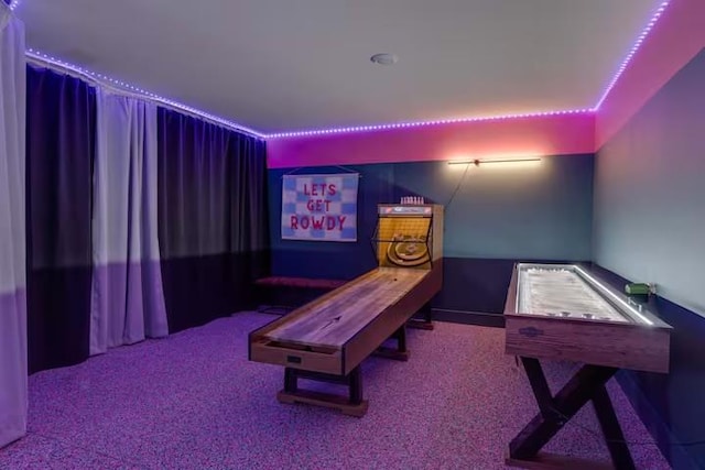 rec room featuring carpet floors