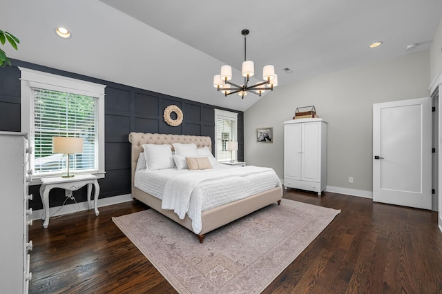 bedroom with dark wood-style floors, a notable chandelier, lofted ceiling, recessed lighting, and baseboards