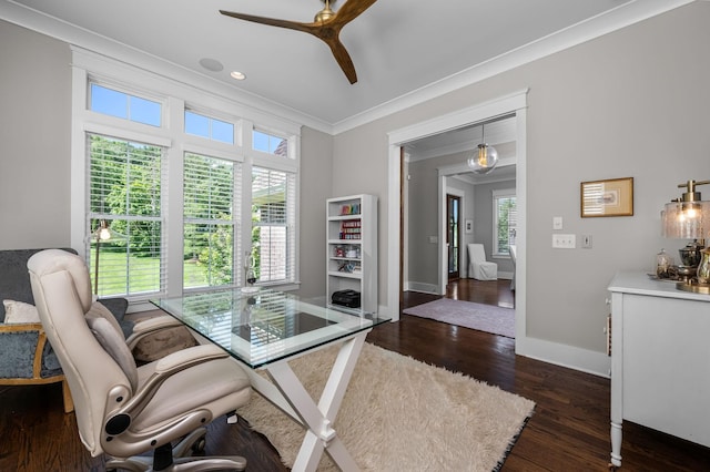 office featuring ornamental molding, dark wood finished floors, plenty of natural light, and baseboards