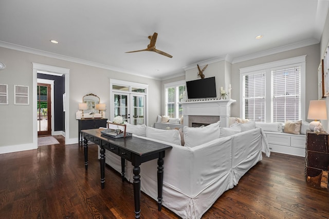 living area featuring crown molding, a fireplace, dark wood-type flooring, and french doors