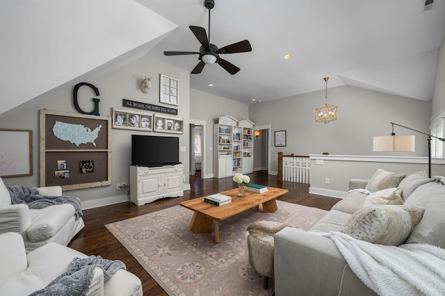 living room featuring visible vents, baseboards, and dark wood finished floors