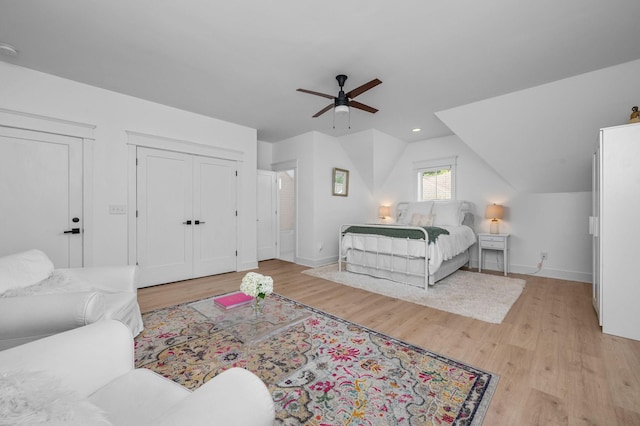 bedroom featuring light wood-type flooring, ceiling fan, baseboards, and recessed lighting