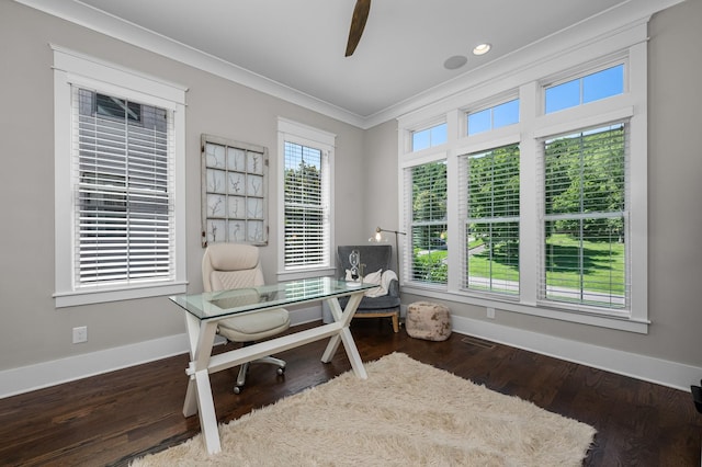 home office with ornamental molding, wood finished floors, a wealth of natural light, and baseboards