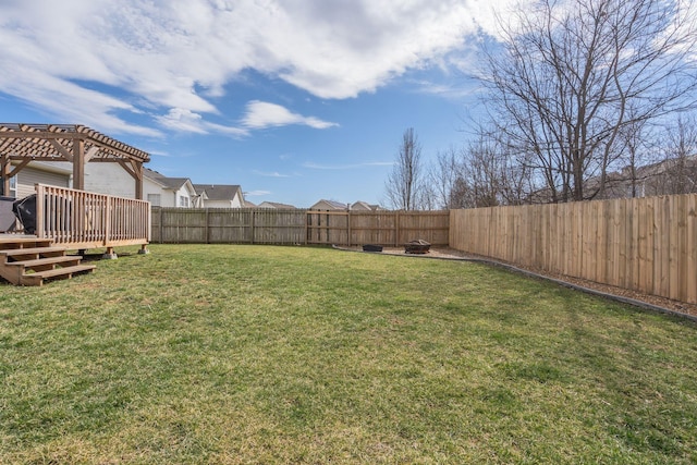 view of yard with a deck, a fenced backyard, and a pergola