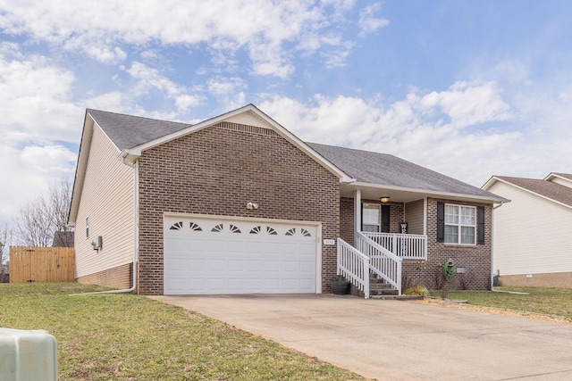 ranch-style home featuring brick siding, concrete driveway, a front yard, fence, and a garage