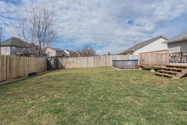 view of yard with a fenced backyard, a wooden deck, and a fenced in pool