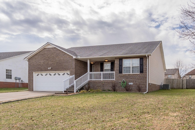 single story home featuring covered porch, a front lawn, concrete driveway, and brick siding