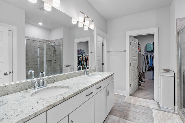 bathroom featuring a stall shower, a walk in closet, and a sink