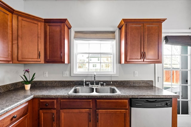 kitchen featuring dark countertops, a sink, and stainless steel dishwasher