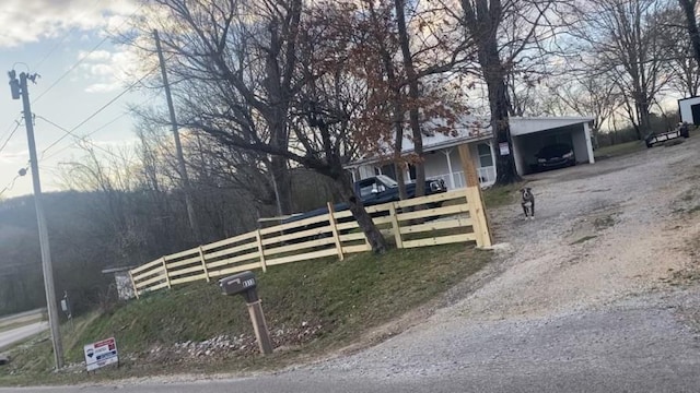 single story home featuring a fenced front yard, a carport, and driveway