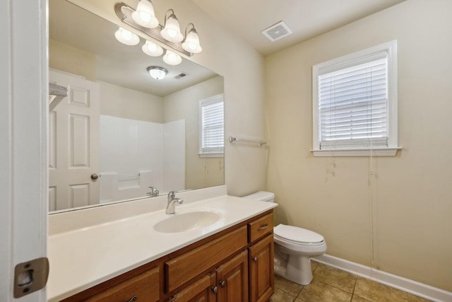 full bath featuring toilet, tile patterned flooring, visible vents, and vanity